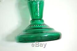 PAIR OF ANTIQUE VICTORIAN EMERALD GREEN GLASS LUSTRES With PRISMS BOHEMIAN CZECH