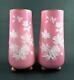 Pair Victorian 9 Mantle Vases Pink Art Glass, White Flowers, Gold Ball Feet