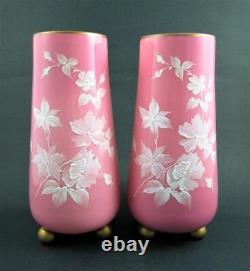 PAIR Victorian 9 VASES PINK Art Glass, WHITE Enamel Flowers, GOLD Ball Feet