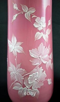 PAIR Victorian 9 VASES PINK Art Glass, WHITE Enamel Flowers, GOLD Ball Feet