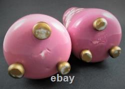 PAIR Victorian 9 VASES PINK Art Glass, WHITE Enamel Flowers, GOLD Ball Feet