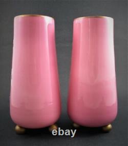 PAIR Victorian 9 VASES PINK Art Glass, WHITE Enamel Flowers, GOLD Ball Feet