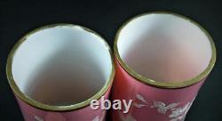 PAIR Victorian 9 VASES PINK Art Glass, WHITE Enamel Flowers, GOLD Ball Feet