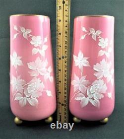 PAIR Victorian 9 VASES PINK Art Glass, WHITE Enamel Flowers, GOLD Ball Feet