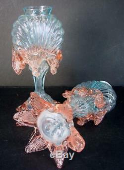 PAIR of 1890 Victorian Czech Art Glass Nautilus Cabinet Vases Applied Rigaree