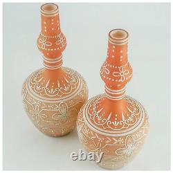 PAIR of Lace Art Cameo Cased Art Glass Vases, Victorian Floral Design, Signed