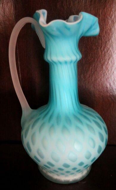 Pairpoint Vintage Antique Art Glass Pitcher Blue Teal White 10.25 Satin Ewer