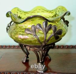 PALLME KONIG Antique Art Nouveau Green Iridized Art Glass Bowl Bronze Stand 1880