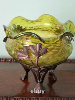 PALLME KONIG Antique Art Nouveau Green Iridized Art Glass Bowl Bronze Stand 1880