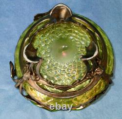 PALLME KONIG Antique Art Nouveau Green Iridized Art Glass Bowl Bronze Stand 1880