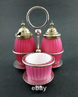 PINK cased RIBBED Satin Art GLASS antique CONDIMENT Set WB&Co Sheffield A1