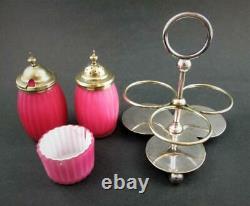 PINK cased RIBBED Satin Art GLASS antique CONDIMENT Set WB&Co Sheffield A1