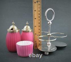 PINK cased RIBBED Satin Art GLASS antique CONDIMENT Set WB&Co Sheffield A1