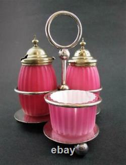 PINK cased RIBBED Satin Art GLASS antique CONDIMENT Set WB&Co Sheffield A1