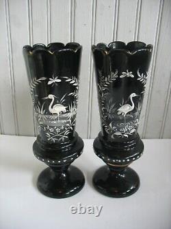 PR Antique BOHEMIAN Harrach BLACK AMETHYST VASE White Enamel Crane HERON EGRET