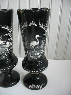 PR Antique BOHEMIAN Harrach BLACK AMETHYST VASE White Enamel Crane HERON EGRET