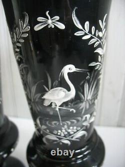 PR Antique BOHEMIAN Harrach BLACK AMETHYST VASE White Enamel Crane HERON EGRET