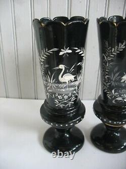 PR Antique BOHEMIAN Harrach BLACK AMETHYST VASE White Enamel Crane HERON EGRET