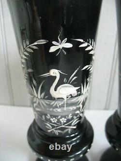 PR Antique BOHEMIAN Harrach BLACK AMETHYST VASE White Enamel Crane HERON EGRET