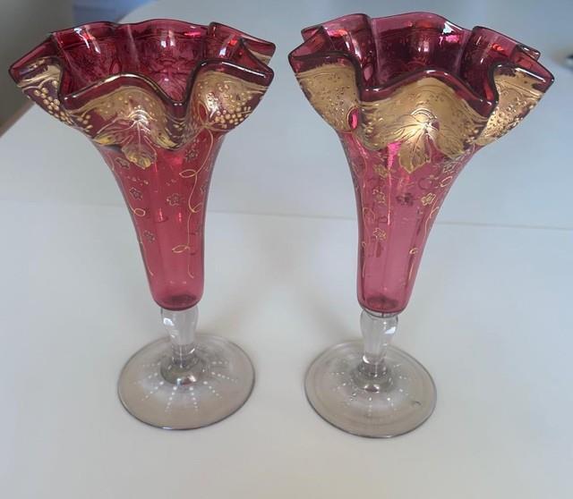 Pr Antique Cranberry Bohemian Moser Fluted Art Glass Vases Gold Encrusted