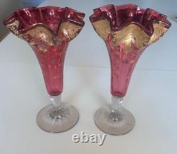 PR Antique Cranberry Bohemian MOSER FLUTED ART GLASS VASES Gold encrusted PR Antique Cranberry Bohemian MOSER FLUTED ART GLASS VASES Gold encrusted