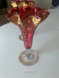PR Antique Cranberry Bohemian MOSER FLUTED ART GLASS VASES Gold encrusted PR Antique Cranberry Bohemian MOSER FLUTED ART GLASS VASES Gold encrusted