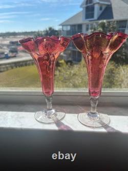 PR Antique Cranberry Bohemian MOSER FLUTED ART GLASS VASES Gold encrusted PR Antique Cranberry Bohemian MOSER FLUTED ART GLASS VASES Gold encrusted
