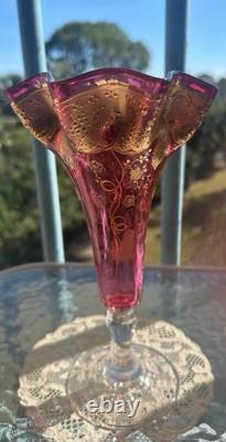 PR Antique Cranberry Bohemian MOSER FLUTED ART GLASS VASES Gold encrusted PR Antique Cranberry Bohemian MOSER FLUTED ART GLASS VASES Gold encrusted