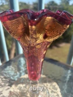 PR Antique Cranberry Bohemian MOSER FLUTED ART GLASS VASES Gold encrusted PR Antique Cranberry Bohemian MOSER FLUTED ART GLASS VASES Gold encrusted