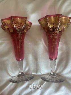PR Antique Cranberry Bohemian MOSER FLUTED ART GLASS VASES Gold encrusted PR Antique Cranberry Bohemian MOSER FLUTED ART GLASS VASES Gold encrusted