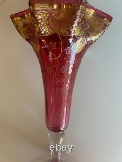 PR Antique Cranberry Bohemian MOSER FLUTED ART GLASS VASES Gold encrusted PR Antique Cranberry Bohemian MOSER FLUTED ART GLASS VASES Gold encrusted