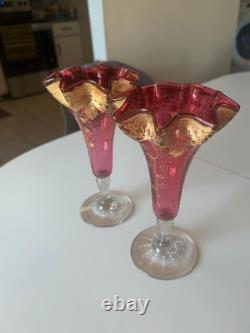 PR Antique Cranberry Bohemian MOSER FLUTED ART GLASS VASES Gold encrusted PR Antique Cranberry Bohemian MOSER FLUTED ART GLASS VASES Gold encrusted