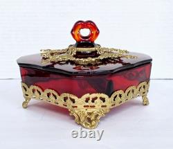 Paden City Glass Dish With Lid Ormolu Crows Foot Amberina Victorian Art Deco