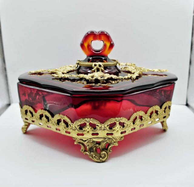 Paden City Glass Dish With Lid Ormolu Crows Foot Amberina Victorian Art Deco