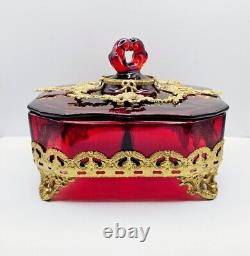 Paden City Glass Dish With Lid Ormolu Crows Foot Amberina Victorian Art Deco