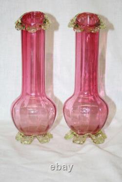 Pair 1880s Victorian Hand Blown Cranberry Glass Ribbed Vases with Uranium Base/Top