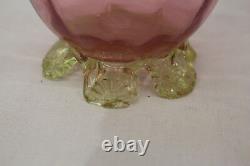 Pair 1880s Victorian Hand Blown Cranberry Glass Ribbed Vases with Uranium Base/Top