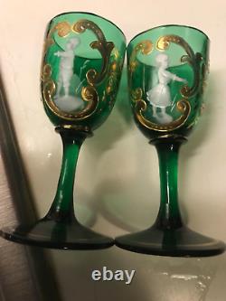 Pair 2 Antique Victorian Green Mary Gregory Corgels 19th Century Art Glass