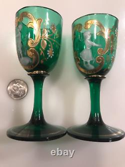 Pair 2 Antique Victorian Green Mary Gregory Corgels 19th Century Art Glass