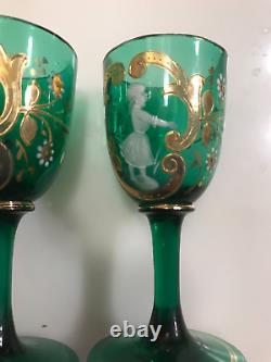 Pair 2 Antique Victorian Green Mary Gregory Corgels 19th Century Art Glass