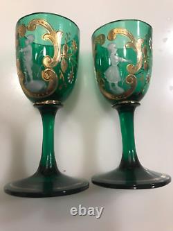 Pair 2 Antique Victorian Green Mary Gregory Corgels 19th Century Art Glass