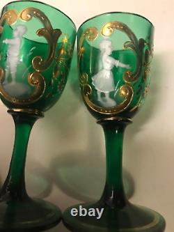 Pair 2 Antique Victorian Green Mary Gregory Corgels 19th Century Art Glass