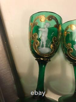 Pair 2 Antique Victorian Green Mary Gregory Corgels 19th Century Art Glass