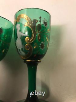 Pair 2 Antique Victorian Green Mary Gregory Corgels 19th Century Art Glass