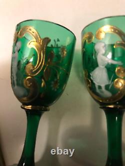 Pair 2 Antique Victorian Green Mary Gregory Corgels 19th Century Art Glass