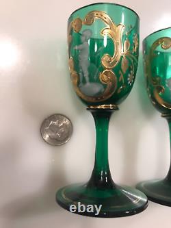 Pair 2 Antique Victorian Green Mary Gregory Corgels 19th Century Art Glass