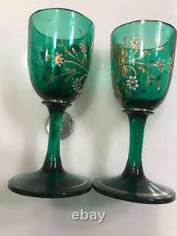 Pair 2 Antique Victorian Green Mary Gregory Corgels 19th Century Art Glass