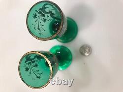 Pair 2 Antique Victorian Green Mary Gregory Corgels 19th Century Art Glass