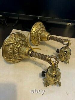 Pair 2 Old Art Craft Deco Victorian Brass Sconces Pendant Hanging Light Fixture