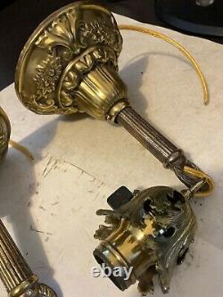 Pair 2 Old Art Craft Deco Victorian Brass Sconces Pendant Hanging Light Fixture